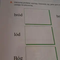 Zadanie z polskiego porównuje wyrazy "bród" i "brud". Obok są też "lód" i "lud", a na górze rysunek raków.