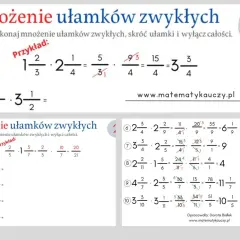 Przykłady mnożenia ułamków zwykłych, z przykładem i zadaniami do rozwiązania.