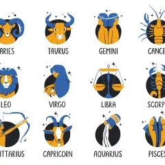 Zodiakalne ryby (Pisces) i inne znaki zodiaku w formie ilustracji.