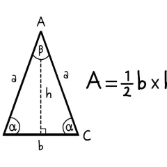 Ilustracja pokazuje trójkąt równoramienny z zaznaczoną wysokością h. Obok znajduje się wzór na pole trójkąta: A = ½ * b * h. To pokazuje, jak obliczyć wysokość w trójkącie równoramiennym.