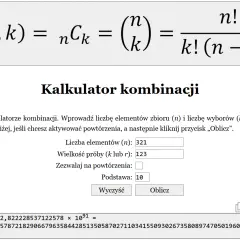 Kalkulator kombinacji z polem na liczbę elementów (321) i wielkość próby (123). Wynik obliczenia C(321,123) to ogromna liczba, co jest znakiem przybliżenia.