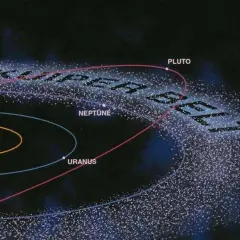 Ilustracja Układu Słonecznego z zaznaczonym pasem Kuipera, planetami i orbitą Plutona.