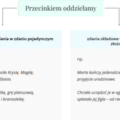 Przecinkiem oddzielamy równorzędne części zdania, np. Krysię, Magdę, Iwonkę, Jarka, Marcina i Stasię.