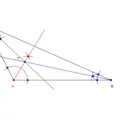 Konstrukcja geometryczna trójkąta rozwartokątnego ABC z zaznaczonym punktem P i łukami cyrkla.