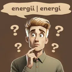 Zamyślony mężczyzna otoczony znakami zapytania, zastanawia się nad różnicą między "energii" a "energi".