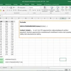 Arkusz Excel z danymi i formułą ODCH.STANDARDOWE. Oblicza odchylenie standardowe dla próby danych.