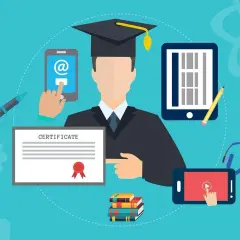 Absolwent z dyplomem, telefonem i tabletem symbolizuje naukę online. Znak przybliżenia w matematyce jest tu metaforą postępu w edukacji.