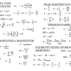 Zbiór wzorów z fizyki, w tym termodynamika, prąd elektryczny i mechanika. Widać tu termodynamika wzory opisujące energię i pracę.