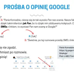 Prośba o opinię Google. Klient najpierw ocenia 10/10, potem odmawia otrzymania SMS z linkiem. Następnie zgadza się, a sprzedawca wysyła link do opinii.