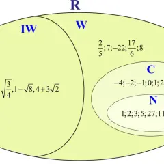 Diagram przedstawiający zbiory liczbowe: liczby niewymierne (IW) i wymierne (W) tworzą liczby rzeczywiste (R). W zbiorze W znajdują się liczby całkowite (C) i naturalne (N).