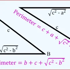 Dwa trójkąty prostokątne z oznaczeniami boków i wzorami na obwód. Jeden trójkąt ma boki a, b, c, drugi a, √c²-a², c.