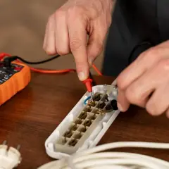 Ręce mierzą opór elektryczny w przedłużaczu za pomocą pomarańczowego multimetru.