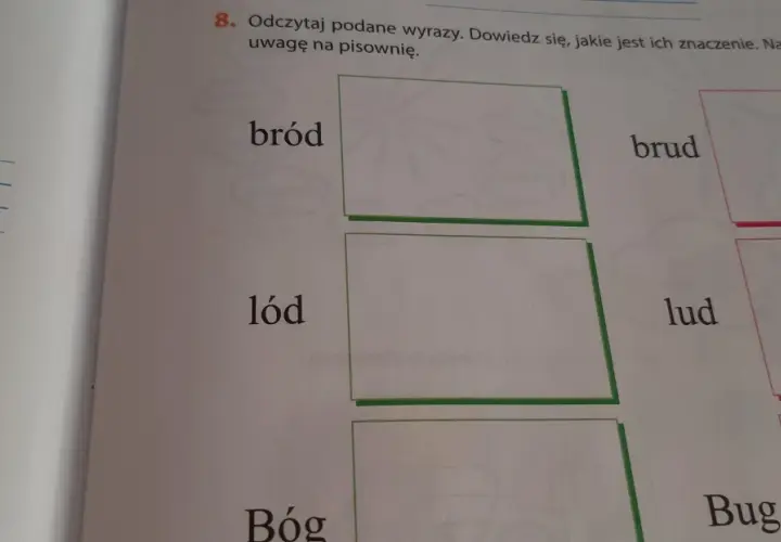 Zadanie z polskiego porównuje wyrazy "bród" i "brud". Obok są też "lód" i "lud", a na górze rysunek raków.