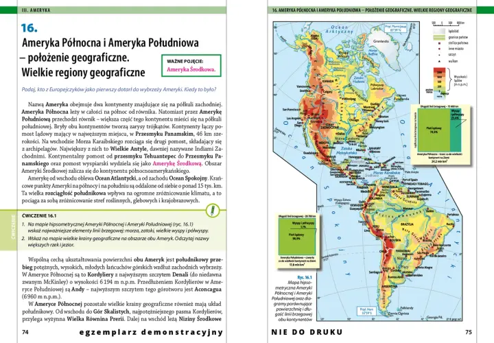 Mapa przedstawia Amerykę Północną i Południową, ukazując ich położenie geograficzne i wielkie regiony.