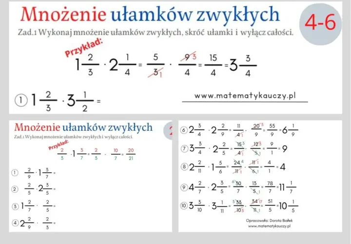 Przykłady mnożenia ułamków zwykłych, z przykładem i zadaniami do rozwiązania.