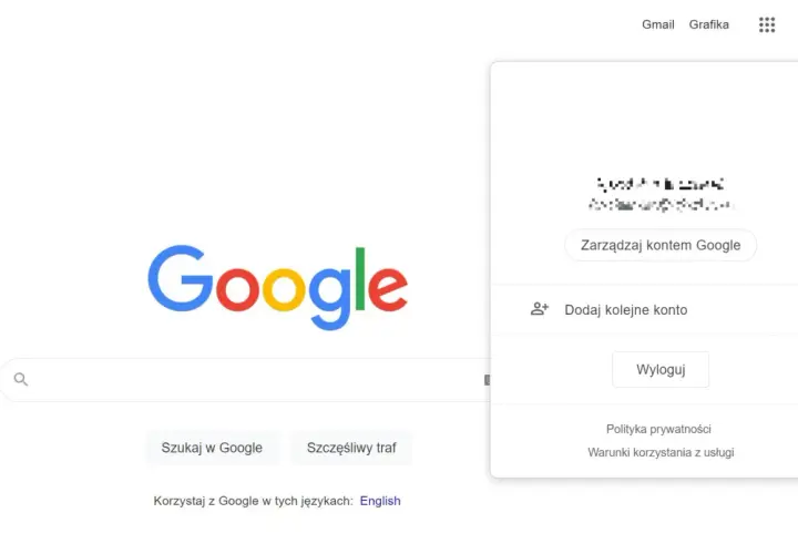 Menu konta Google z opcją "Wyloguj", pokazujące jak wylogować się z konta Google.