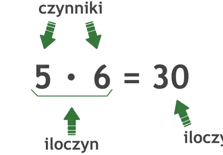 Ilustracja matematyczna: 5 razy 6 równa się 30, z podpisami "czynniki" i "iloczyn".