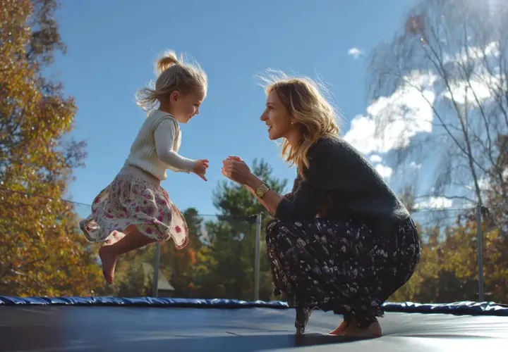 Matka i dziecko skaczą na trampolinie w słoneczny dzień.