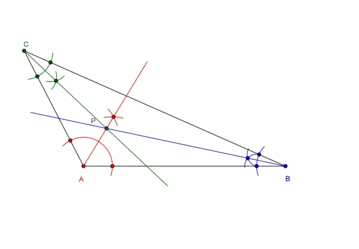 Konstrukcja geometryczna trójkąta rozwartokątnego ABC z zaznaczonym punktem P i łukami cyrkla.