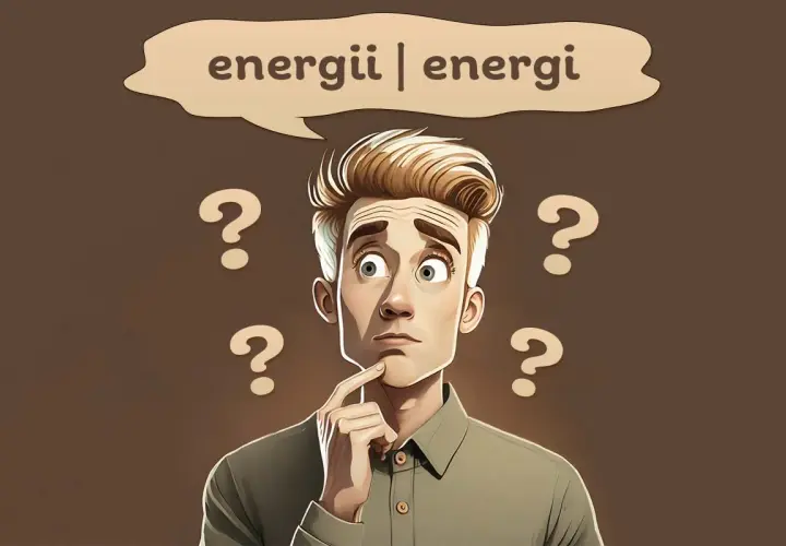 Zamyślony mężczyzna otoczony znakami zapytania, zastanawia się nad różnicą między "energii" a "energi".