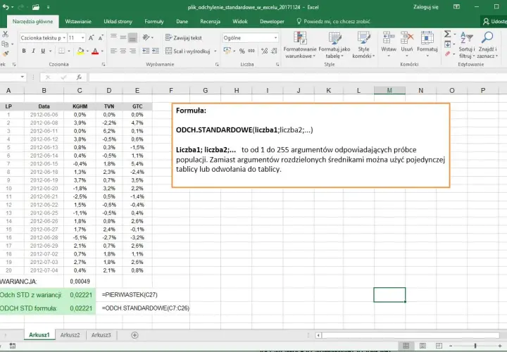 Arkusz Excel z danymi i formułą ODCH.STANDARDOWE. Oblicza odchylenie standardowe dla próby danych.