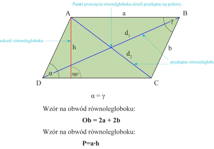 Ilustracja przedstawia równoległobok ABCD z zaznaczonymi bokami (a, b), przekątnymi (d1, d2), wysokością (h) i kątami (α, γ). Podano wzory na obwód i pole.