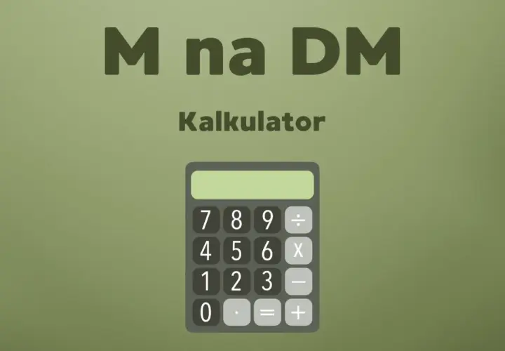 Kalkulator z napisem "M na DM". Dowiedz się, co to znaczy DM w matematyce, używając tego prostego narzędzia.