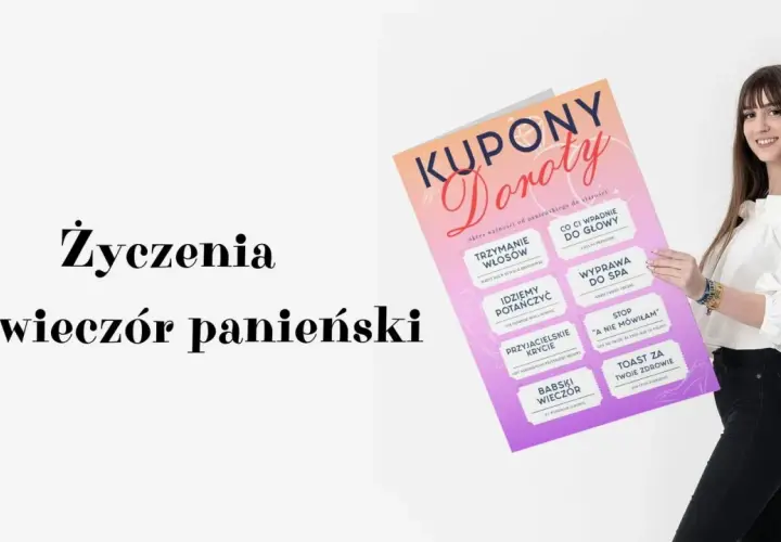 Uśmiechnięta kobieta trzyma plakat z kuponami na wieczór panieński. Napis "Życzenia na wieczór panieński" towarzyszy tej radosnej chwili.