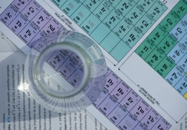 Tablica periodična s povećalom, prikazuje elemente poput Plutonija i Americija, a spominje i **broj Avogadro** u kontekstu kemijskih izračuna.