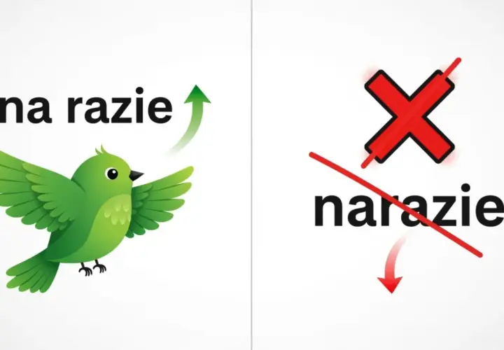 Zielony ptaszek z napisem "na razie" symbolizuje coś pozytywnego, w przeciwieństwie do przekreślonego "narazie".