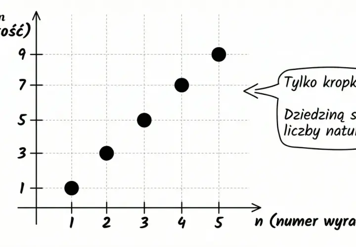 Wykres punktów (1,1), (2,3), (3,5), (4,7), (5,9) ilustruje ciąg zbieżny, gdzie dziedziną są liczby naturalne.