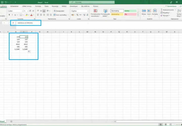Wartość bezwzględna w Excelu: formuła =MODUŁ.LICZBY(D5) oblicza wartość bezwzględną liczby z komórki D5.
