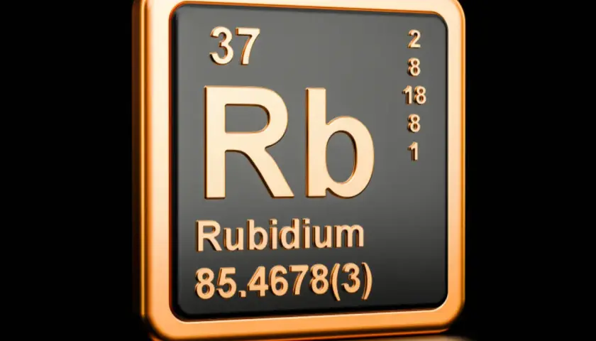 Tabliczka pierwiastka z symbolem Rb, oznaczającego rubid. Numer atomowy 37, masa atomowa 85.4678.