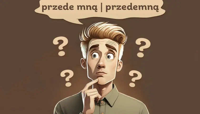 Zamyślony mężczyzna otoczony znakami zapytania, zastanawia się, czy to, co jest **przede mną razem czy osobno**.
