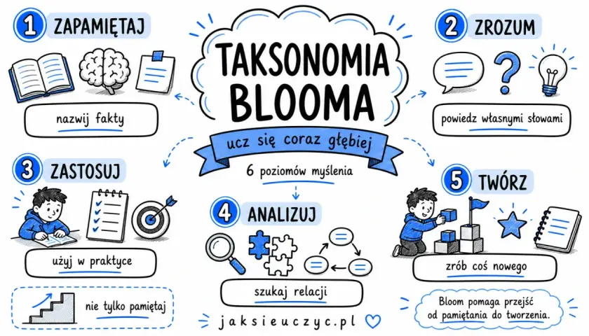 Ilustracja przedstawia taksonomię Blooma, sześć poziomów myślenia: zapamiętaj, zrozum, zastosuj, analizuj, twórz.