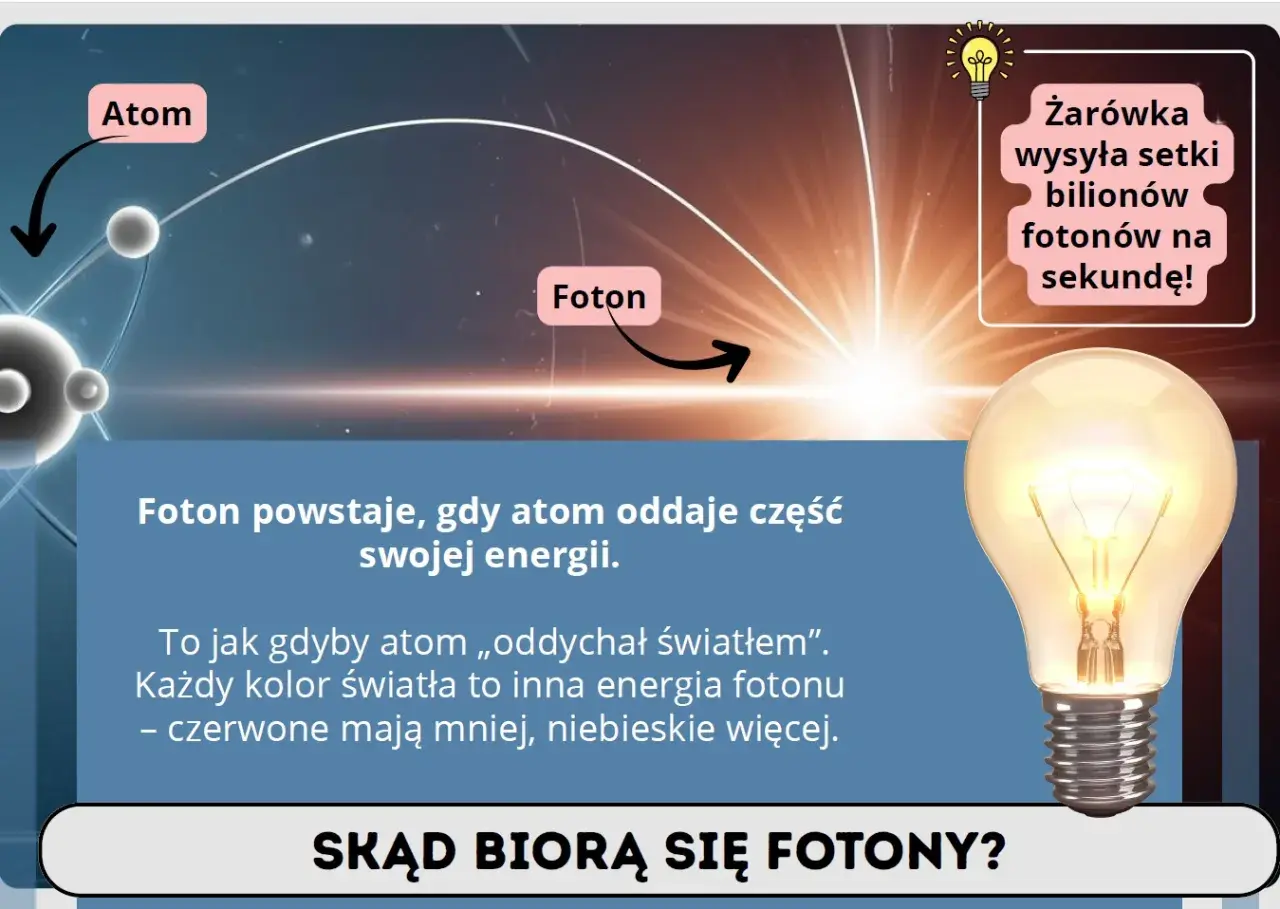 Atom oddaje energię, tworząc foton. Żarówka emituje biliony fotonów na sekundę.