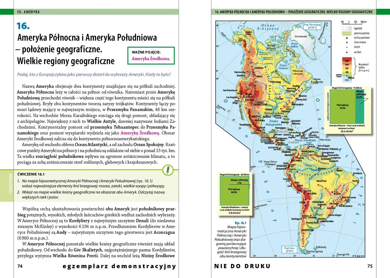 Mapa przedstawia Amerykę Północną i Południową, ukazując ich położenie geograficzne i wielkie regiony.