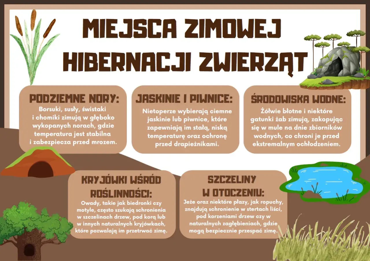 Ilustracja pokazuje, jakie zwierzęta zapadają w sen zimowy: borsuki, nietoperze, żółwie, żaby, owady, jeże i płazy.