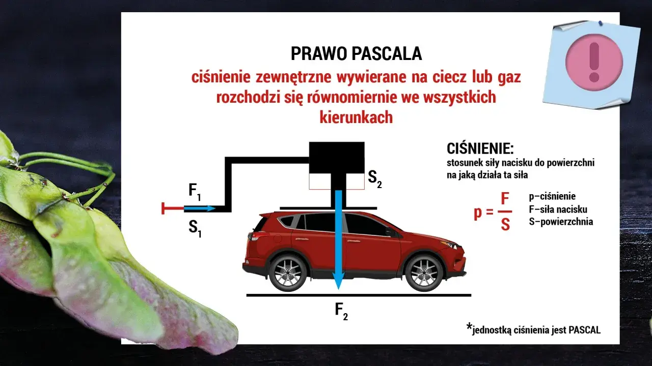 Ilustracja Prawa Pascala: ciśnienie rozchodzi się równomiernie. Wzór p=F/S pokazuje zależność ciśnienia od siły nacisku.