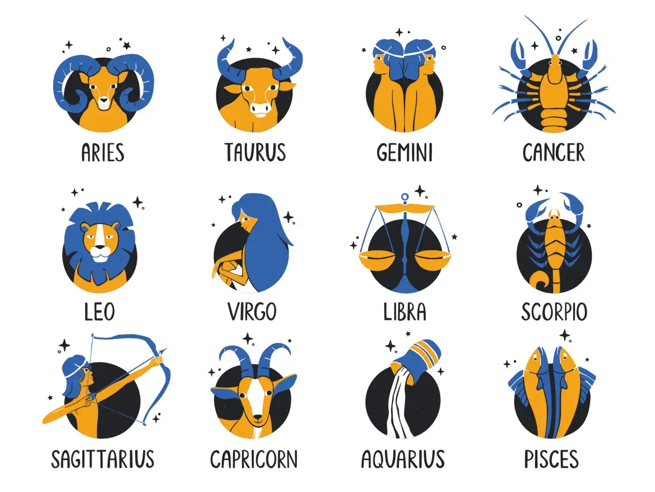 Zodiakalne ryby (Pisces) i inne znaki zodiaku w formie ilustracji.