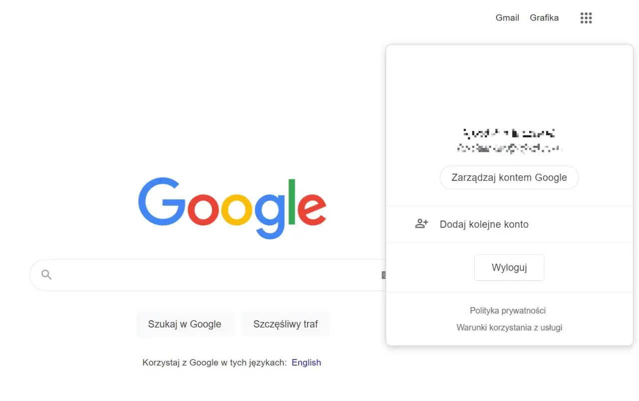 Menu konta Google z opcją "Wyloguj", pokazujące jak wylogować się z konta Google.