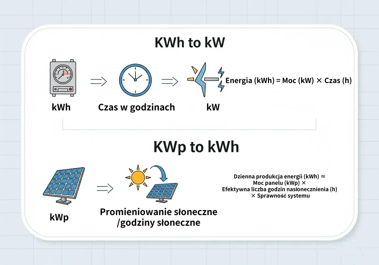 Wykres wyjaśnia, jak obliczyć jednostkę energii (kWh) z mocy (kW) i czasu (h) oraz jak oszacować dzienną produkcję energii z paneli słonecznych.