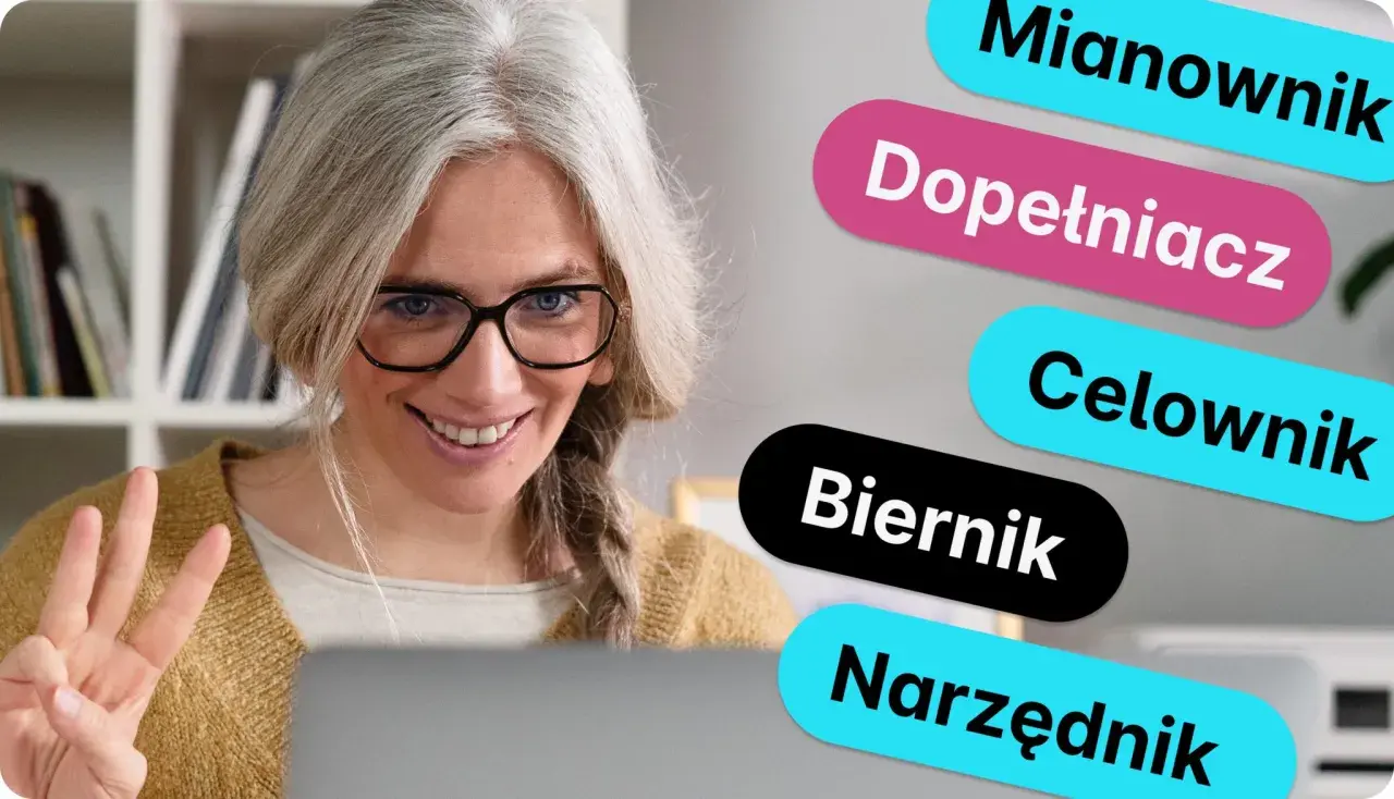 Kobieta z okularami uśmiecha się, pokazując trzy palce. Obok niej kolorowe napisy: Mianownik, Dopełniacz, Celownik, Biernik, Narzędnik. To pytania o przypadki.