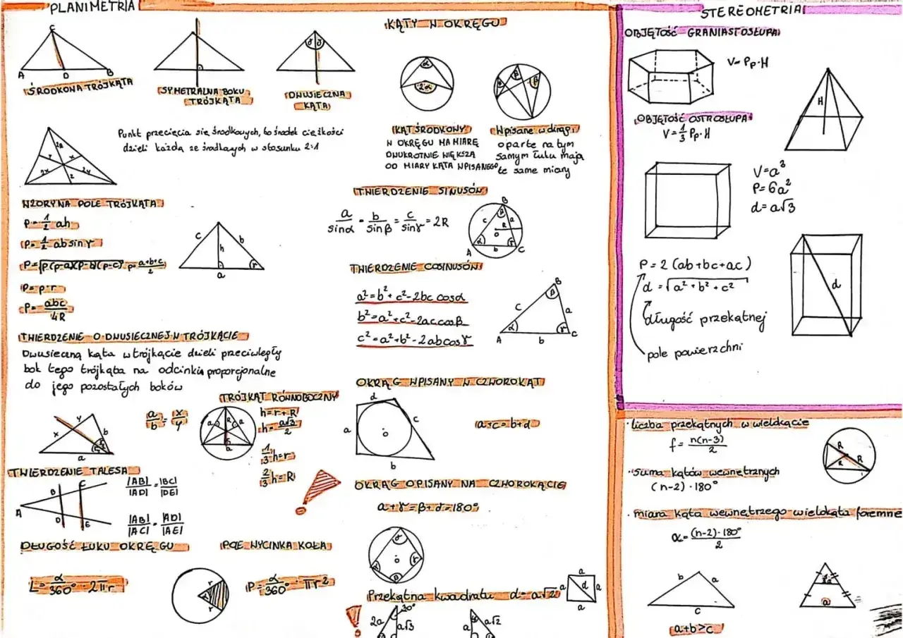 Wzór sumaryczny dla pola trójkąta: P = 1/2 * a * h. Rysunki geometryczne i wzory.