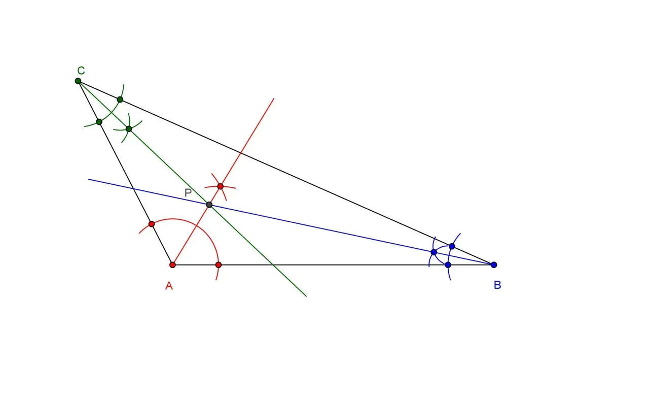 Konstrukcja geometryczna trójkąta rozwartokątnego ABC z zaznaczonym punktem P i łukami cyrkla.
