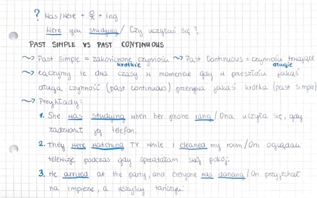 Porównanie past simple i past continuous: czynności zakończone vs. trwające, przerywane krótkimi. Przykład: "She was studying when her phone rang.