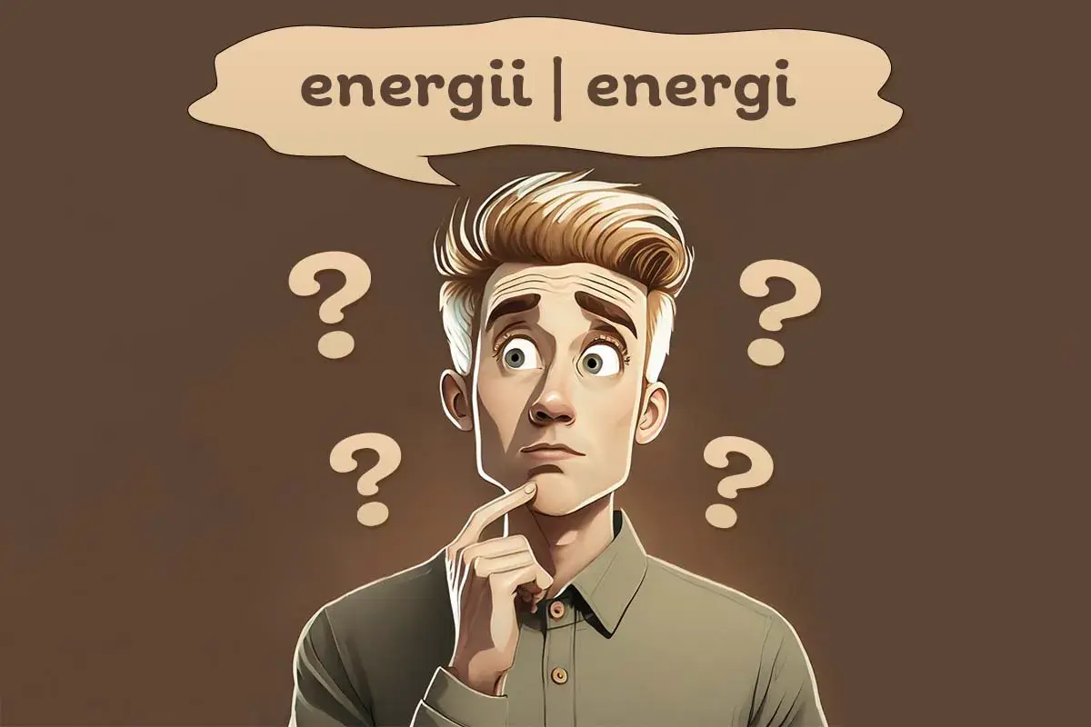 Zamyślony mężczyzna otoczony znakami zapytania, zastanawia się nad różnicą między "energii" a "energi".
