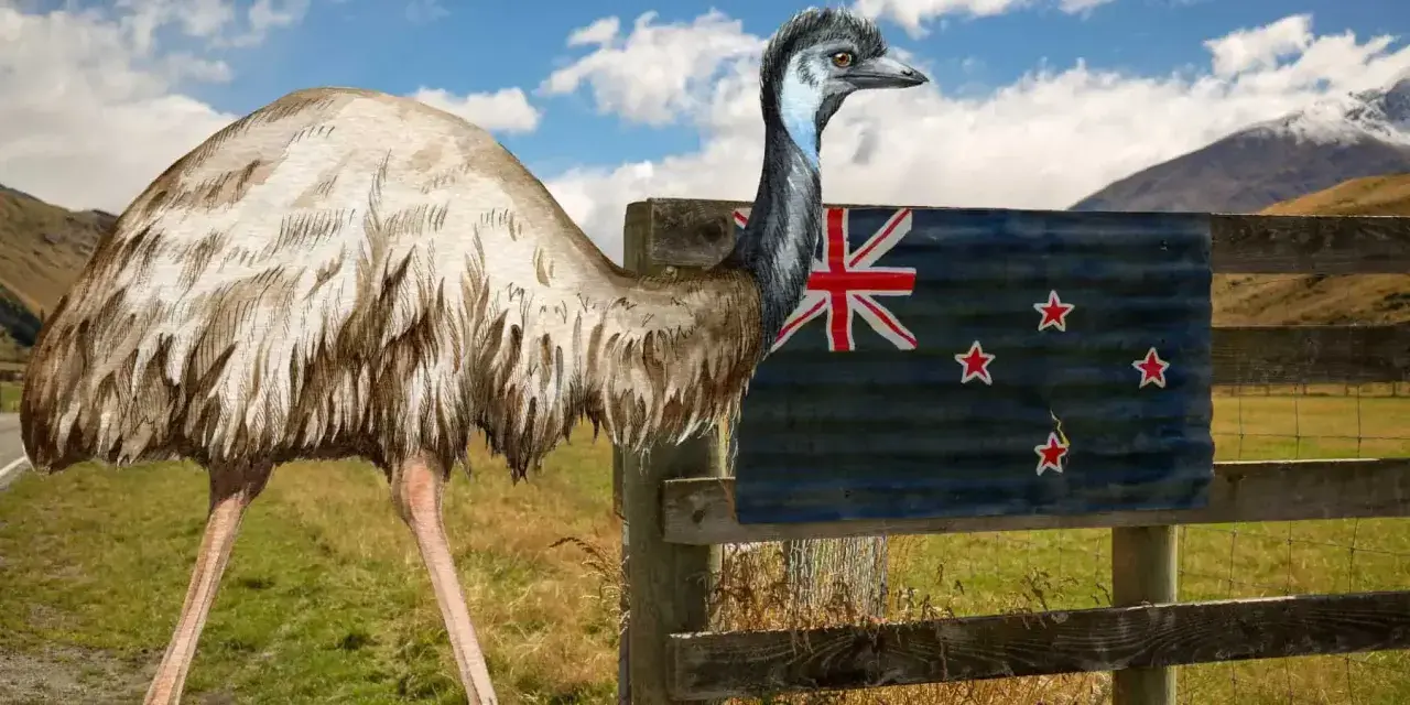 Emu, największy ptak na świecie, stoi obok flagi Nowej Zelandii na tle górskiego krajobrazu.