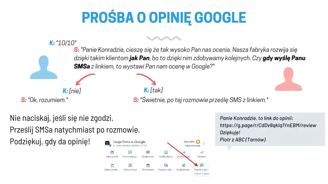 Prośba o opinię Google. Klient najpierw ocenia 10/10, potem odmawia otrzymania SMS z linkiem. Następnie zgadza się, a sprzedawca wysyła link do opinii.