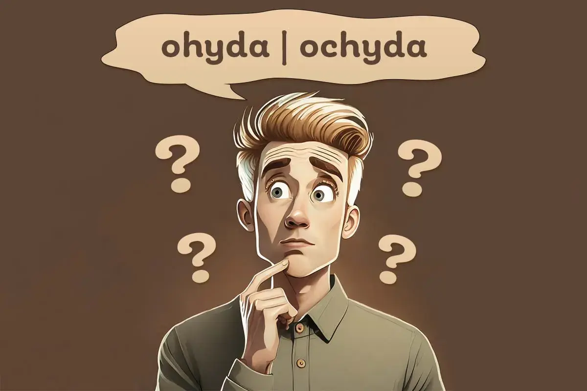 Zastanawia się, czy to ohyda, czy ochyda. Wokół niego unoszą się znaki zapytania, symbolizujące jego wątpliwości.